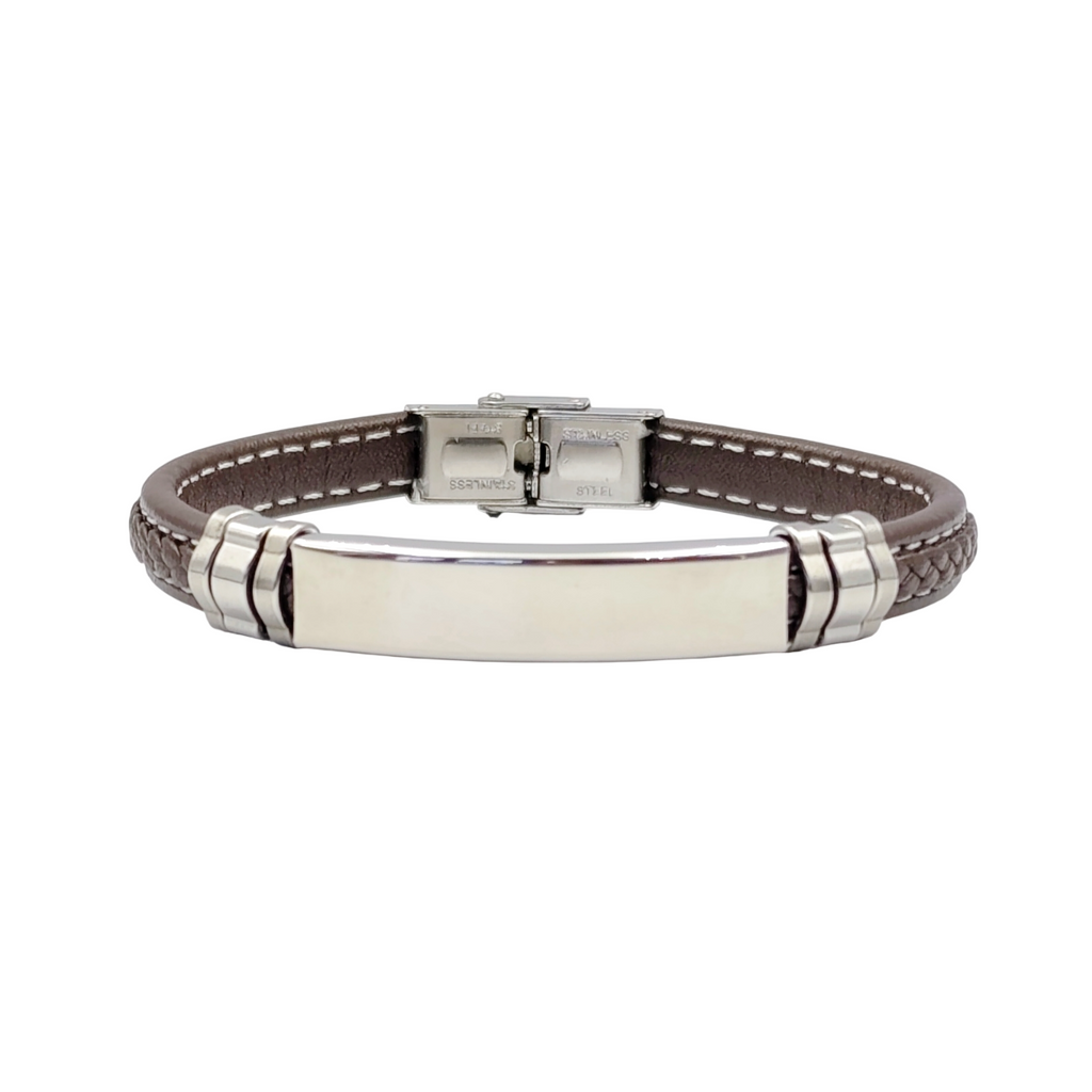 Bracciale Cuoio Intrecciato Acciaio - Incisione Gratuita - Padrino Comunione Cresima Battesimo