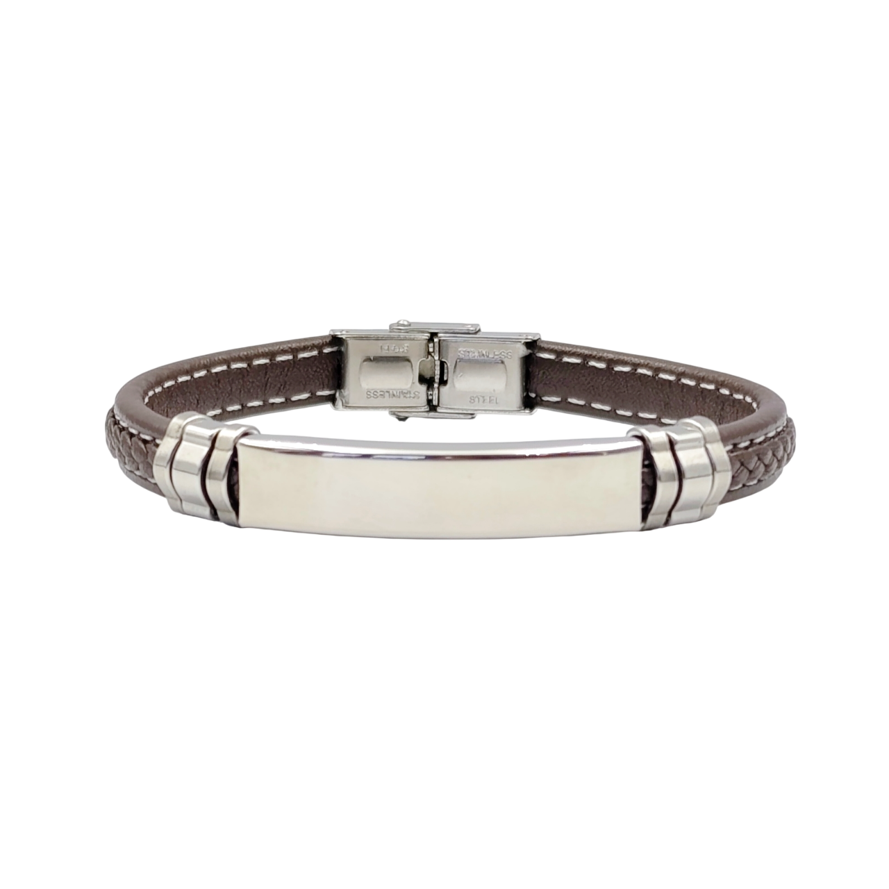 Bracciale Cuoio Intrecciato Acciaio - Incisione Gratuita - Padrino Comunione Cresima Battesimo
