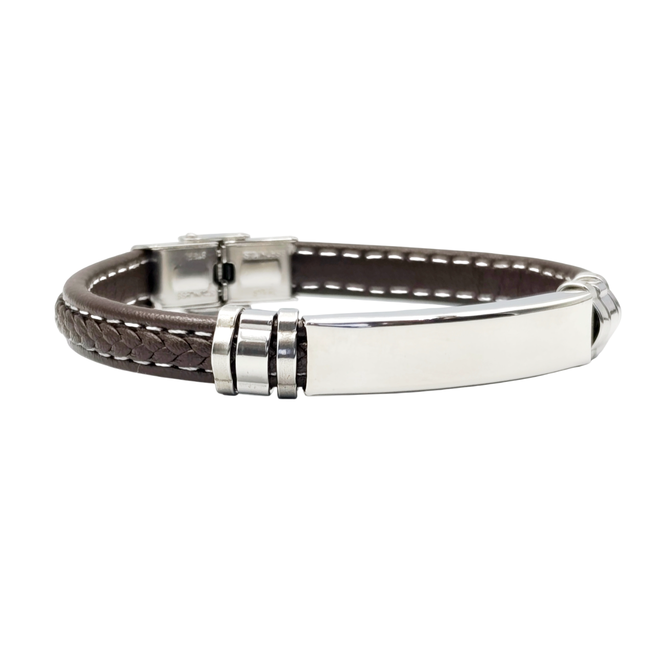Bracciale Cuoio Intrecciato Acciaio - Incisione Gratuita - Padrino Comunione Cresima Battesimo