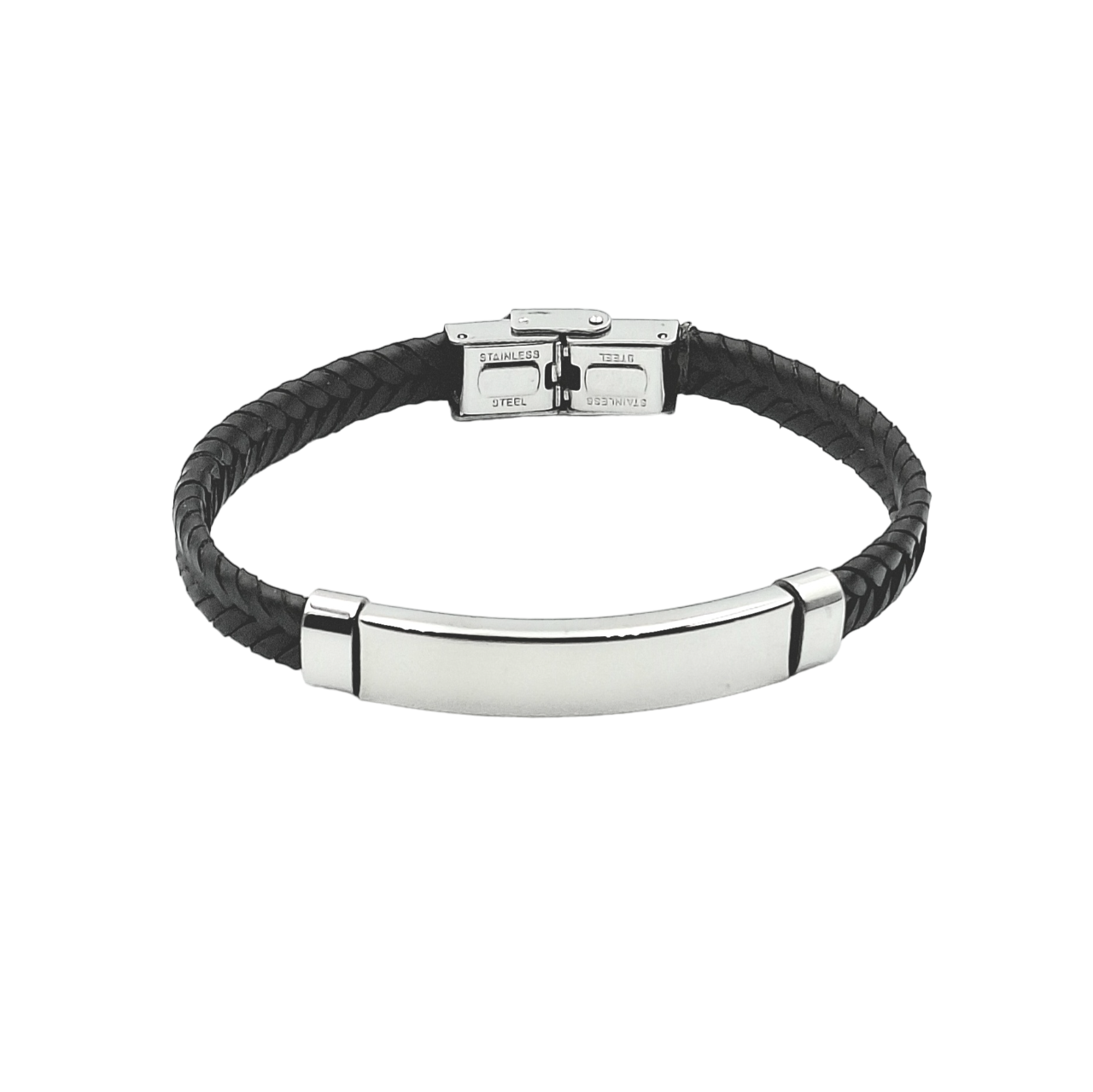Bracciale Cuoio Intrecciato Acciaio - Incisione Gratuita - Padrino Comunione Cresima Battesimo