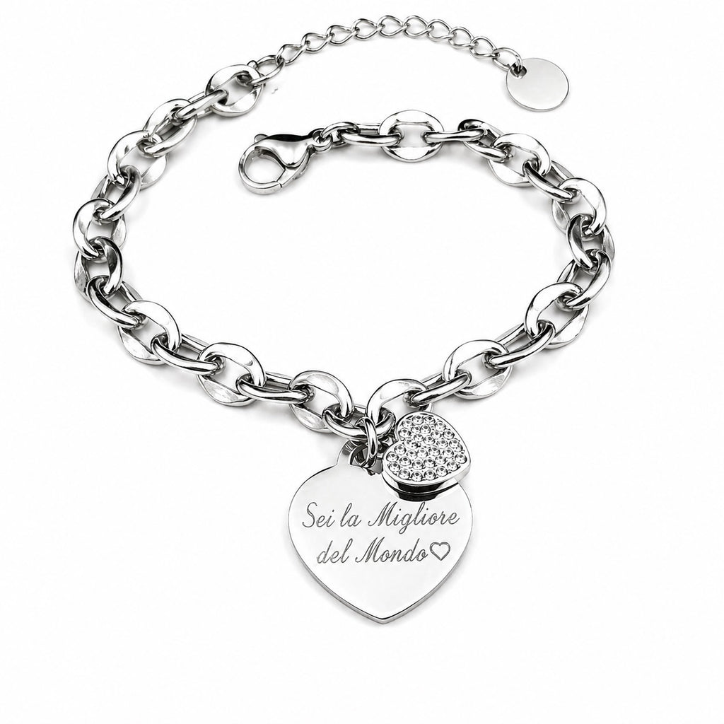 Bracciale Cuoricino Brillantinato in Acciaio con Incisione Personalizzata