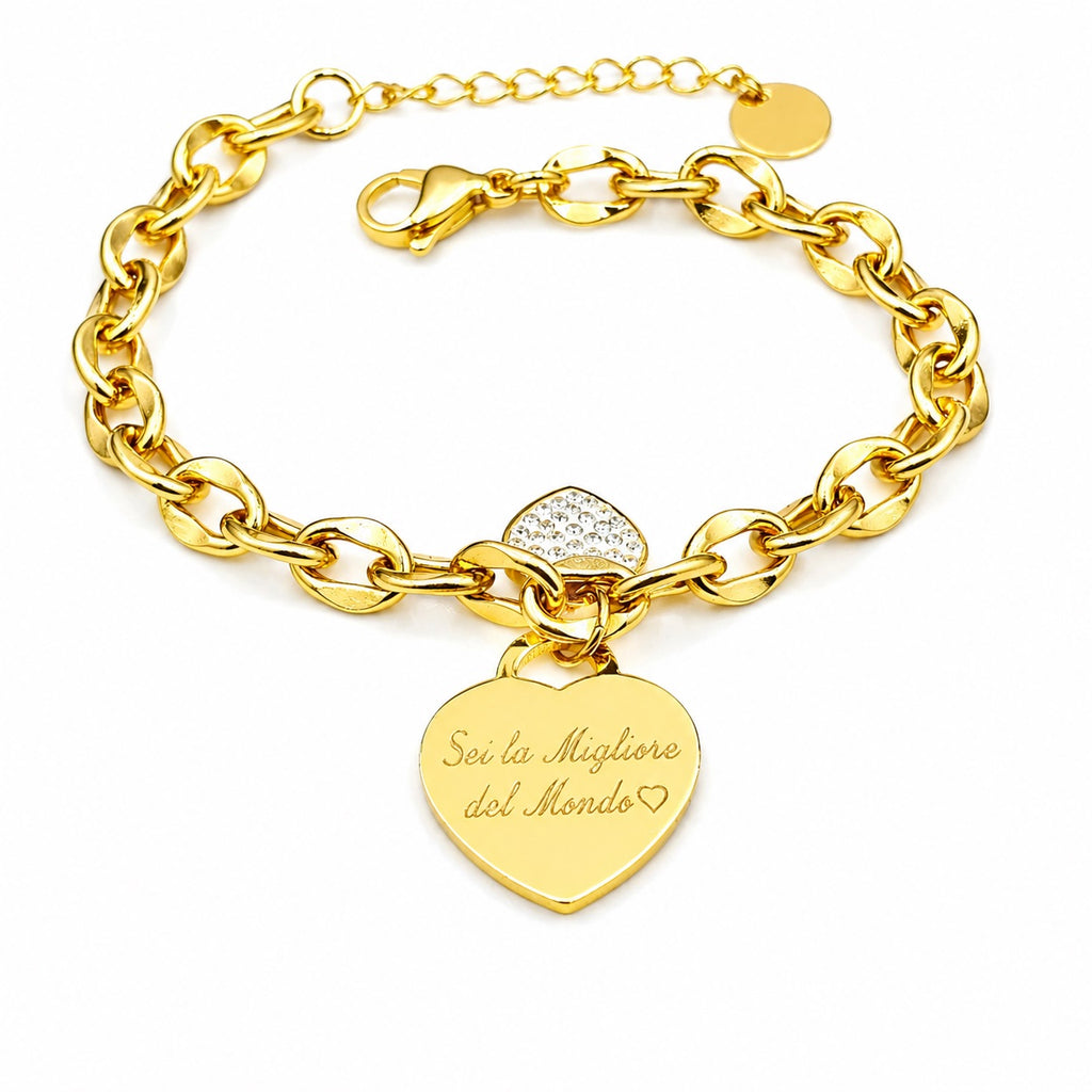 Bracciale Cuoricino Brillantinato in Acciaio con Incisione Personalizzata