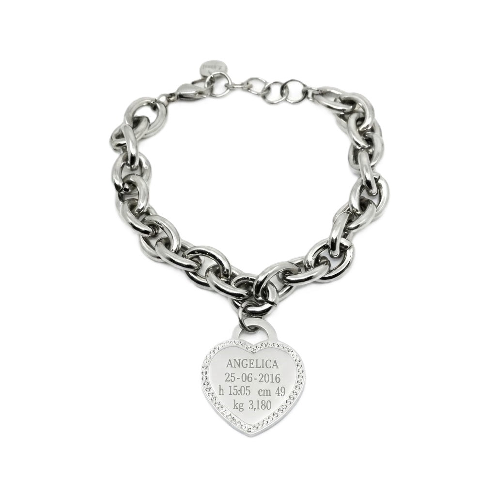 Set Nascita Cuore Brillante in Acciaio – Collana e Bracciale con Incisione Personalizzata