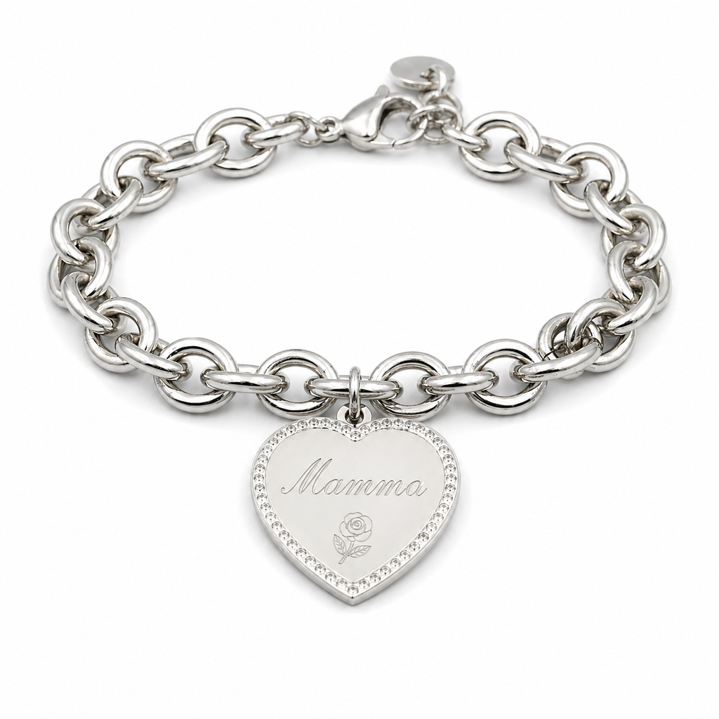 Bracciale Cuore Brillante Mamma in Acciaio con Incisione Personalizzata