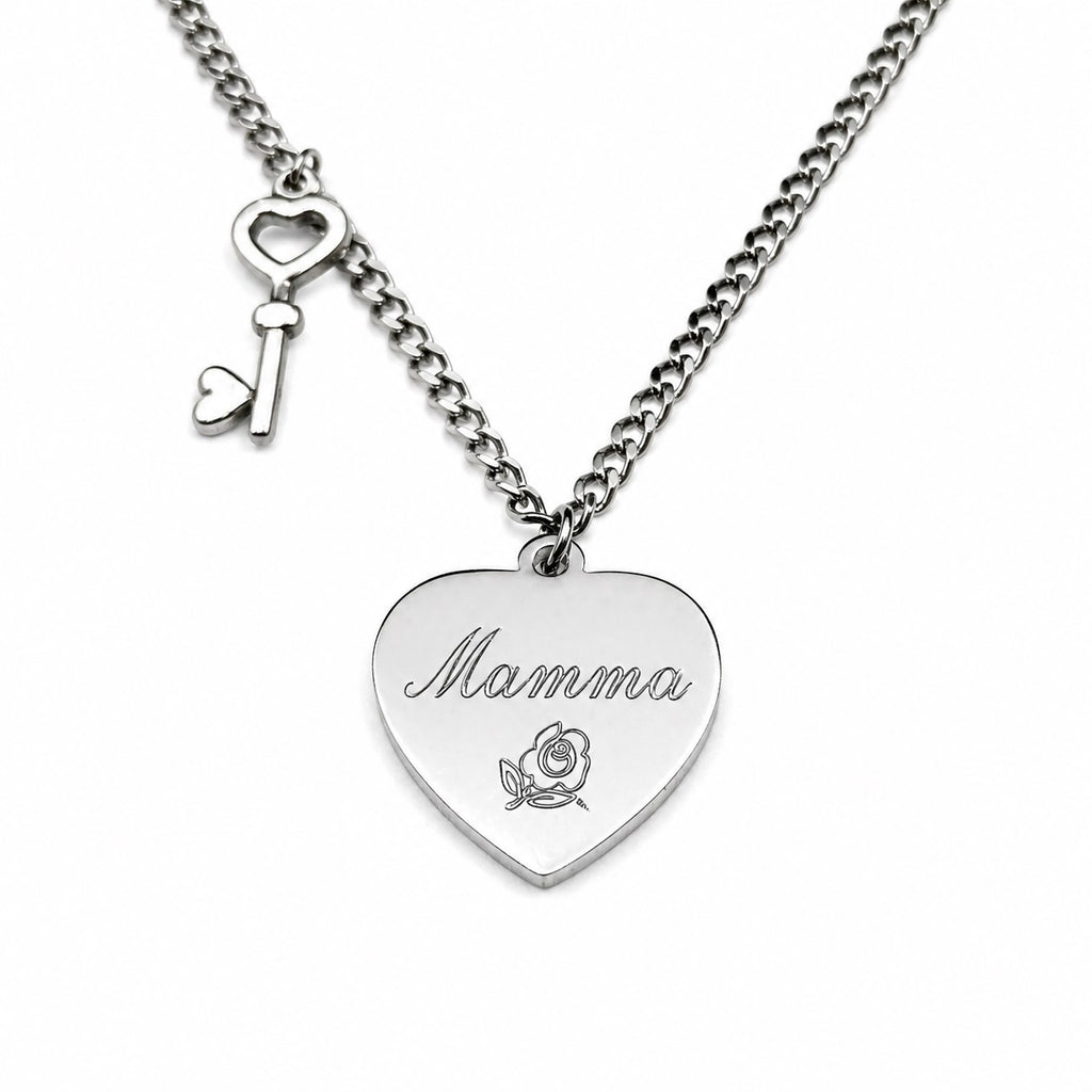 Collana Chiave Cuore in Acciaio con Incisione Personalizzata