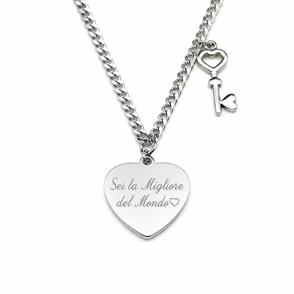 Collana Chiave Cuore in Acciaio con Incisione Personalizzata