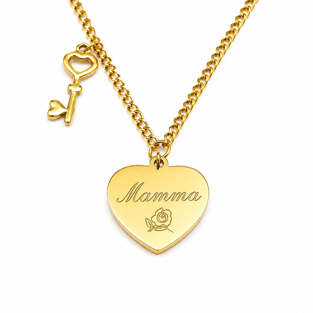 Collana Chiave Cuore in Acciaio con Incisione Personalizzata