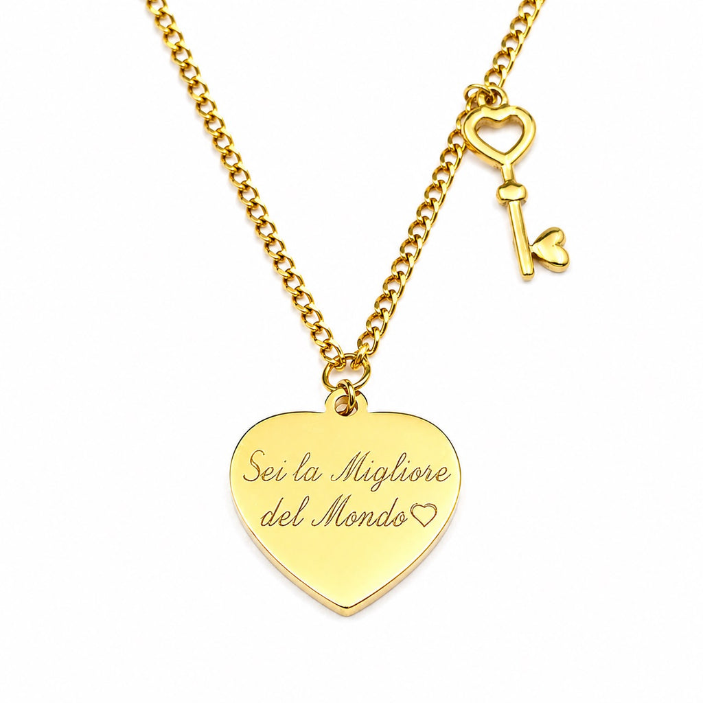 Collana Chiave Cuore in Acciaio con Incisione Personalizzata