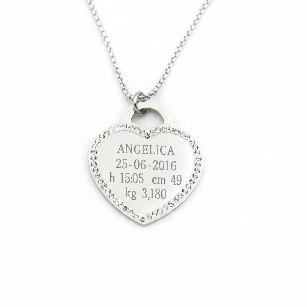 Set Nascita Cuore Brillante in Acciaio – Collana e Bracciale con Incisione Personalizzata