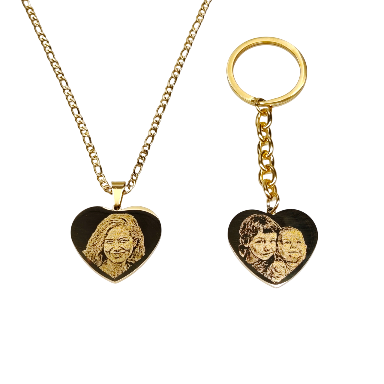 Set Fotoincisione Cuore Grande in Acciaio – Collana e Portachiavi Personalizzati