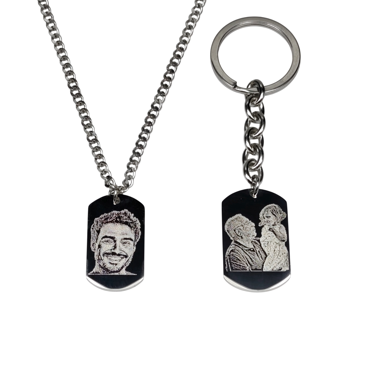 Set Fotoincisione Rettangolo Stondato in Acciaio – Collana e Portachiavi Personalizzati