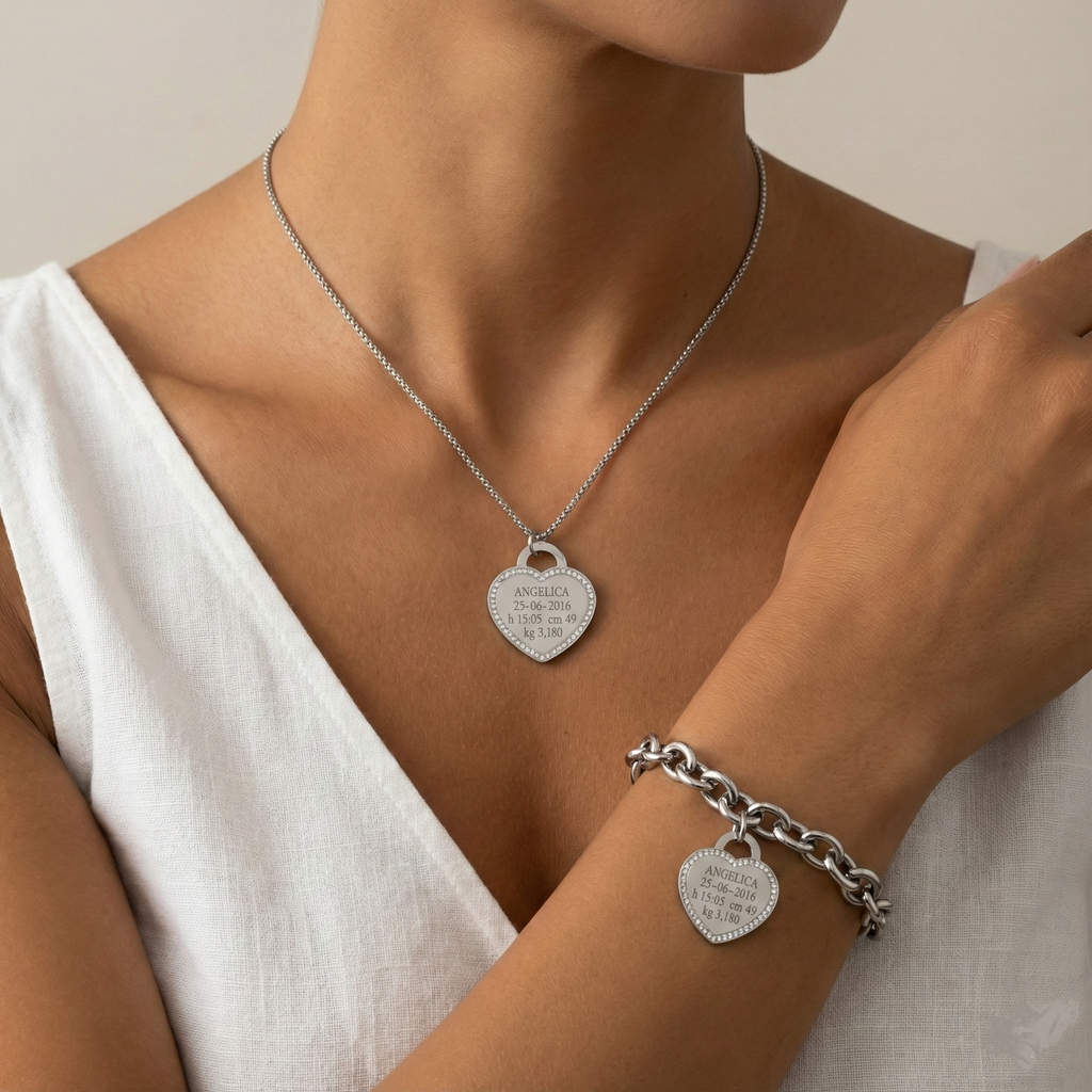 Set Nascita Cuore Brillante in Acciaio – Collana e Bracciale con Incisione Personalizzata