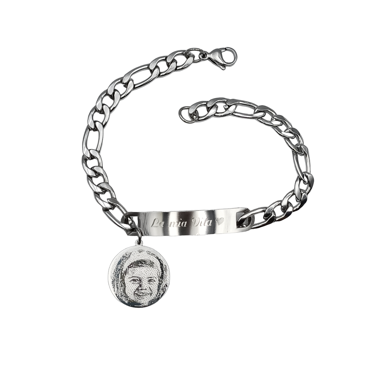 Bracciale Piastra Acciaio con Fotoincisione pendente Tondo
