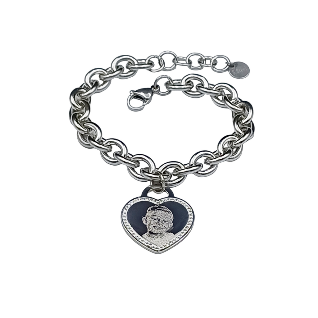 Bracciale Acciaio con Fotoincisione Medaglietta Cuore Brillantini