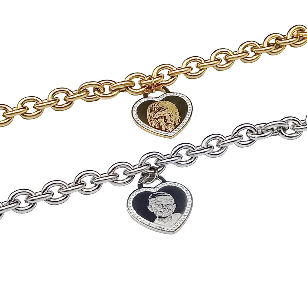Bracciale Acciaio con Fotoincisione Medaglietta Cuore Brillantini