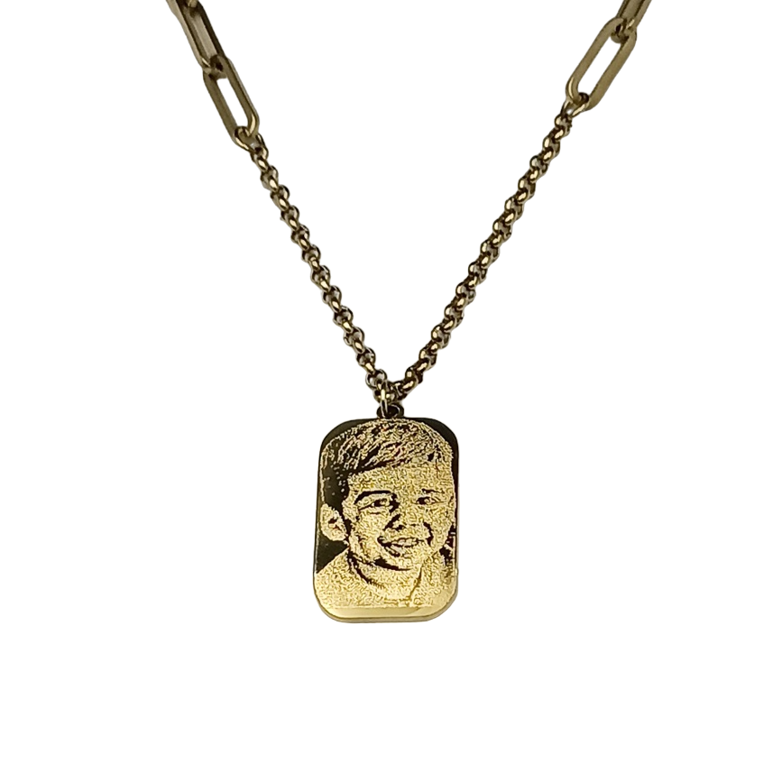 Collana Mané Acciaio con Doppia Fotoincisione Medaglietta Rettangolare Media