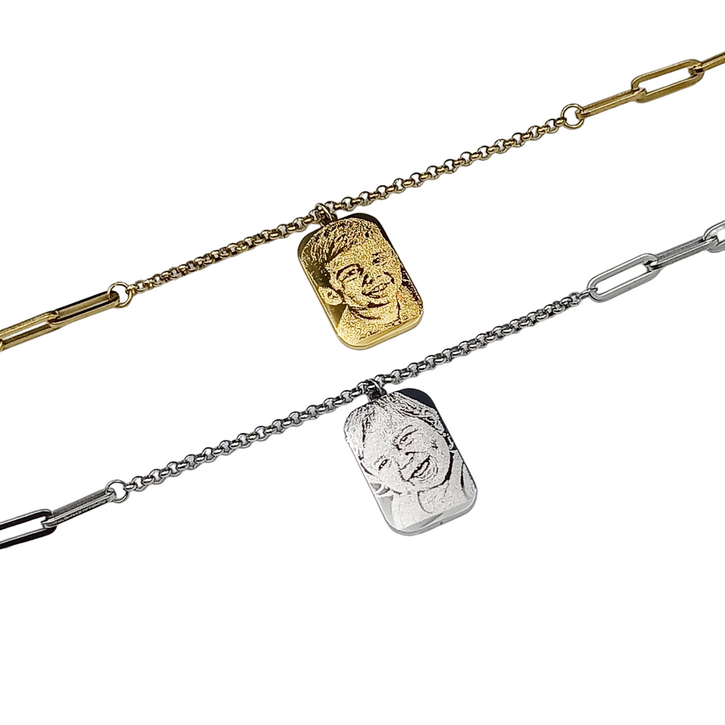 Collana Mané Acciaio con Doppia Fotoincisione Medaglietta Rettangolare Media