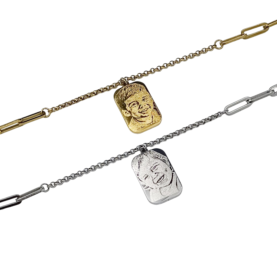 Collana Mané Acciaio con Doppia Fotoincisione Medaglietta Rettangolare Media