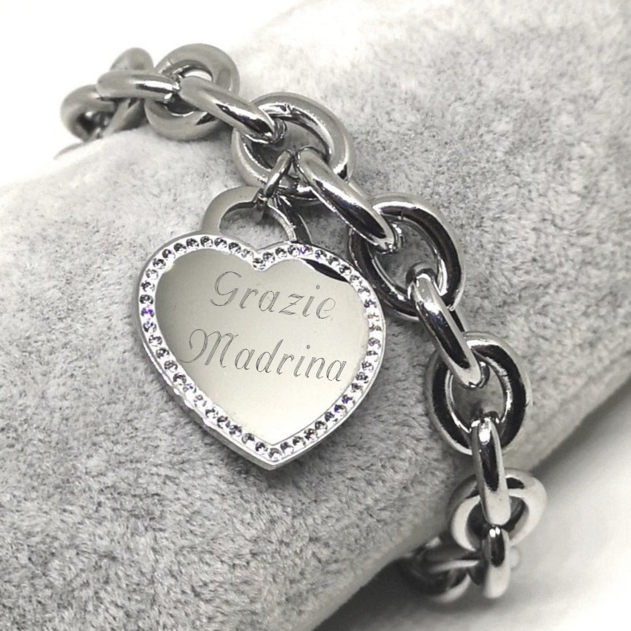 Bracciale Cuore Brillanti Acciaio - Incisione Gratuita - Madrina Comunione o Cresima