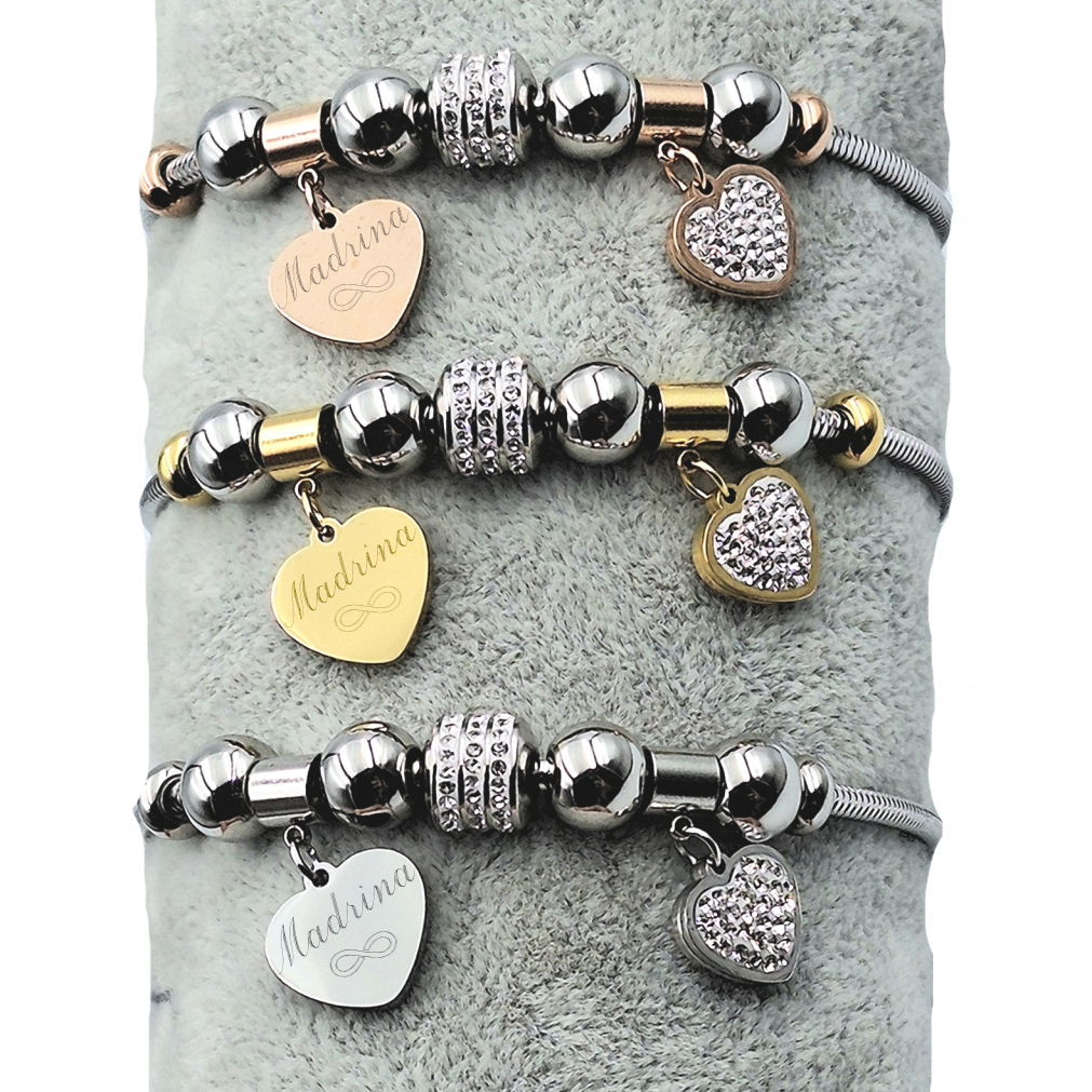 Bracciale Charms Cuore Brillante - Incisione Gratuita - Madrina Comunione Cresima Battesimo