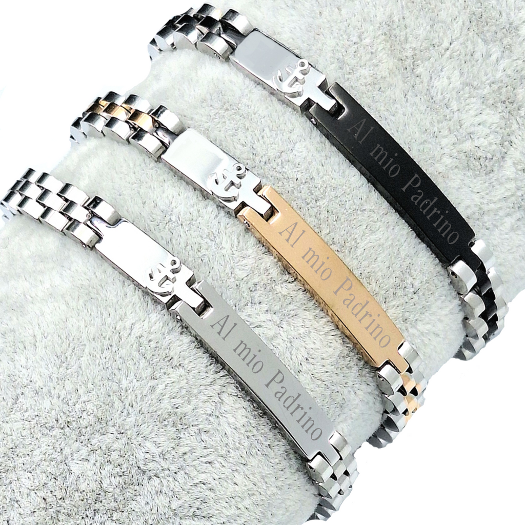 Bracciale Diamantato Ancora Acciaio - Incisione Gratuita - Padrino Comunione o Cresima