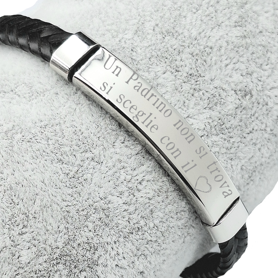 Bracciale Cuoio Intrecciato Acciaio - Incisione Gratuita - Padrino Comunione Cresima Battesimo