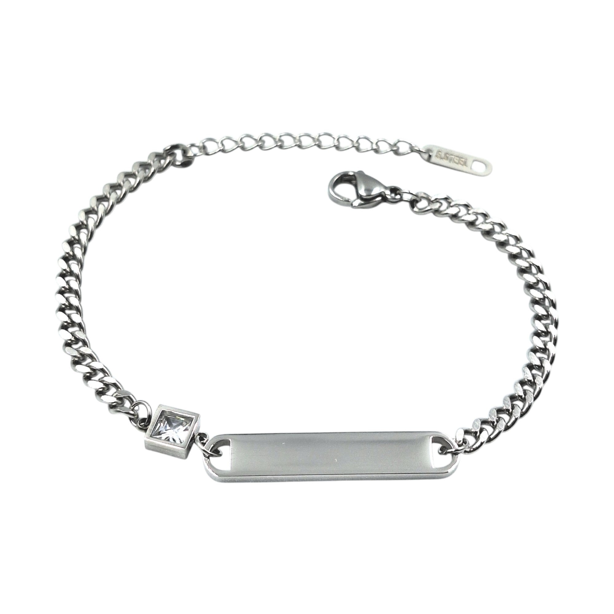 Bracciale Maglia Fine Zircone in Acciaio Argento con Incisione Personalizzata