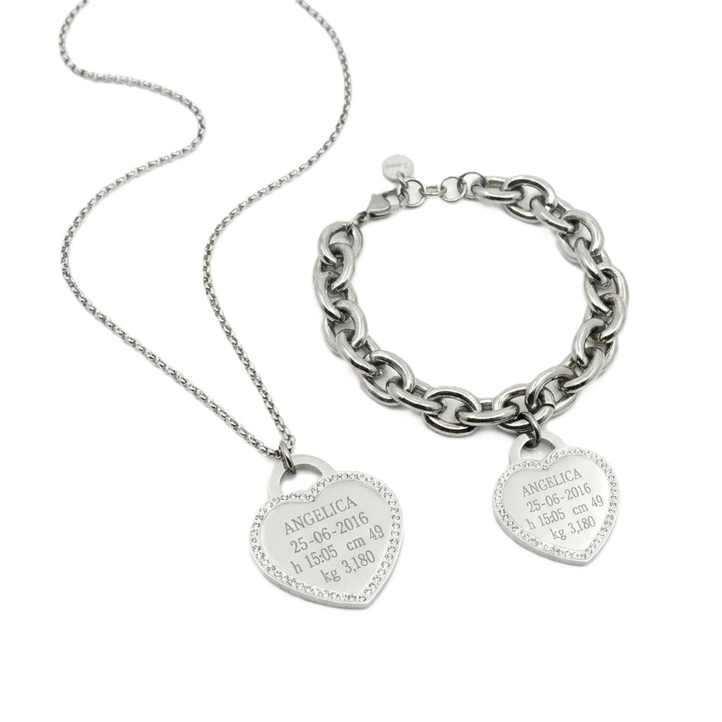 Set Nascita Cuore Brillante in Acciaio – Collana e Bracciale con Incisione Personalizzata