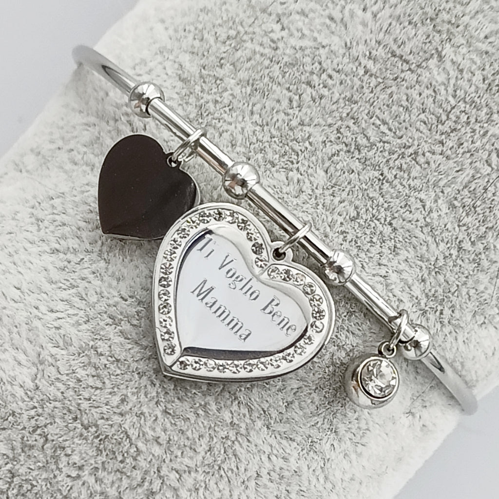 Bracciale Rigido Cuore Brillante Acciaio con Incisione