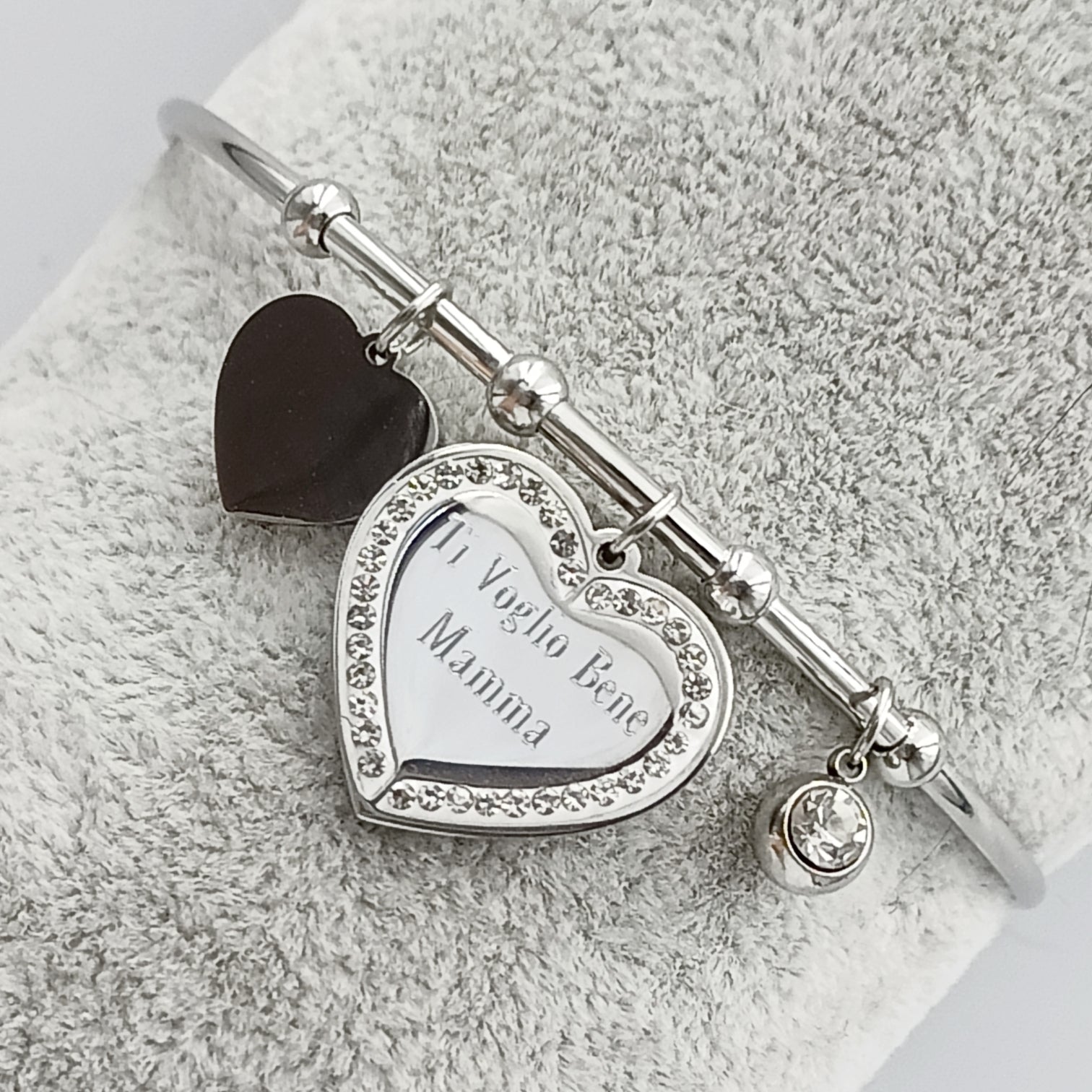 Bracciale Rigido Cuore Brillante Acciaio con Incisione