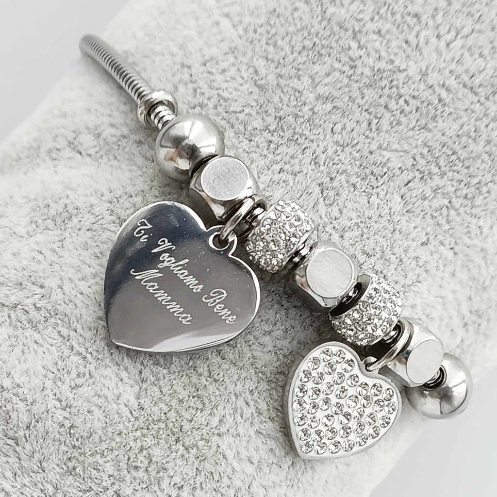 Bracciale cuore acciaio + brillante acciaio con Incisione